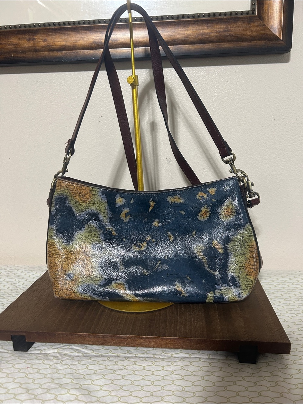 Patricia Nash Navy Map-Print Leather Shoulder Bag with Brown Strap